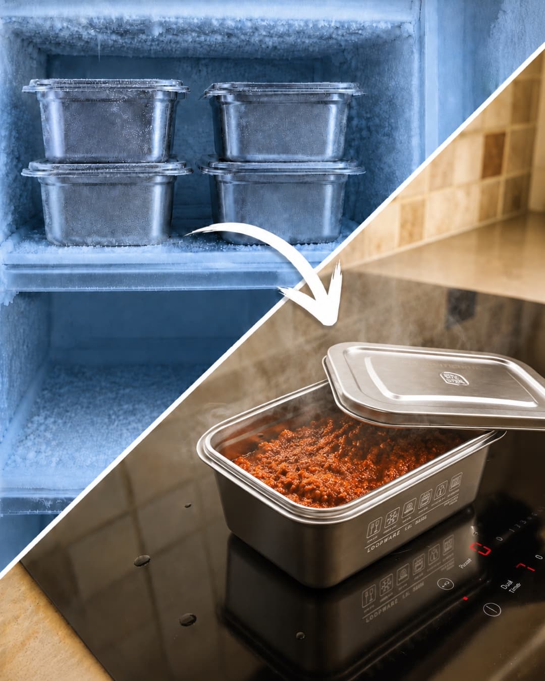A Loopware stainless steel container of chilli reheating on the hob straight from frozen, its all-steel lid resting ajar with steam escaping.