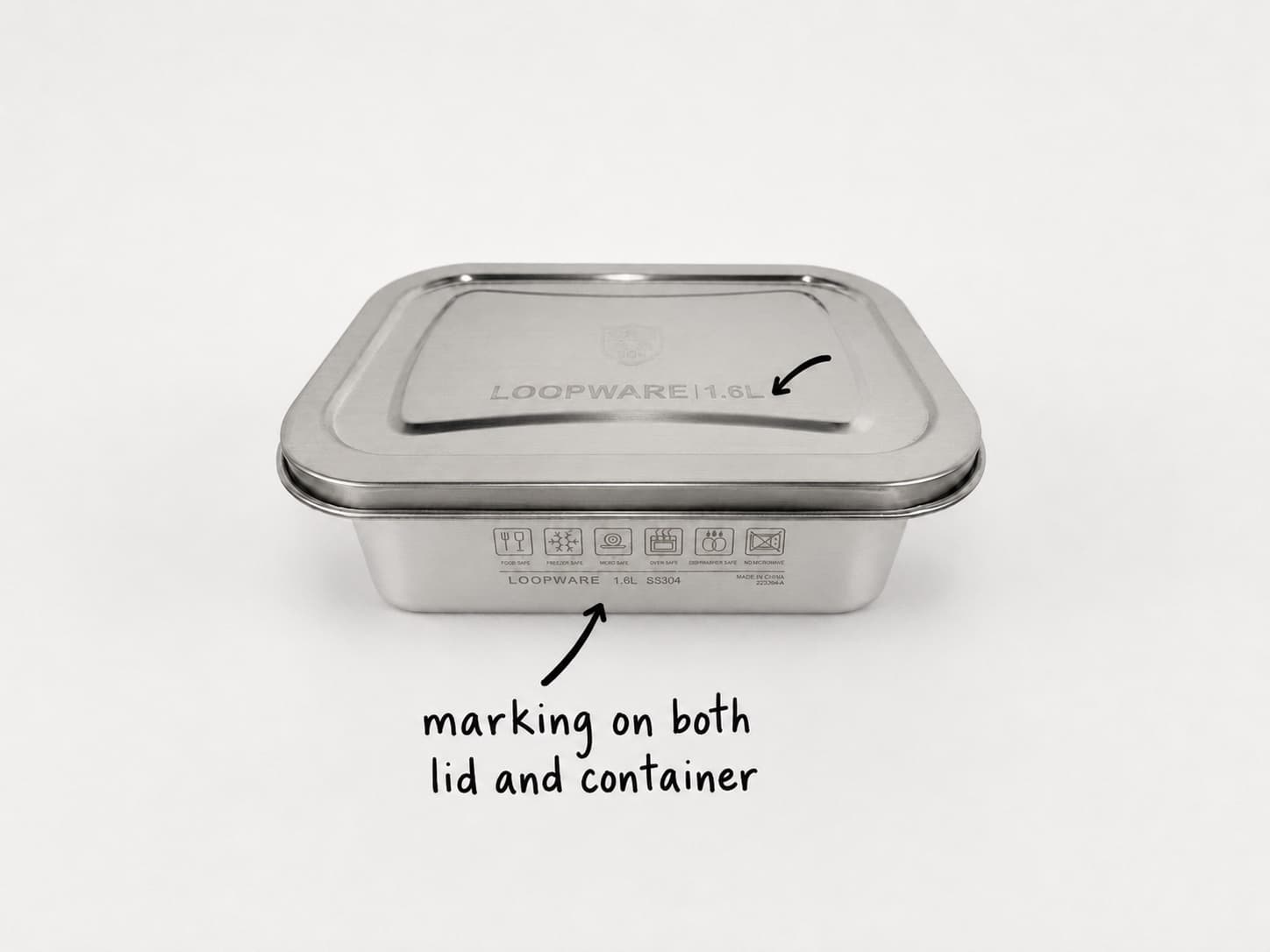 Loopware 1.6L container with its all-steel lid on: the capacity engraved on both the lid and the side wall of the body.
