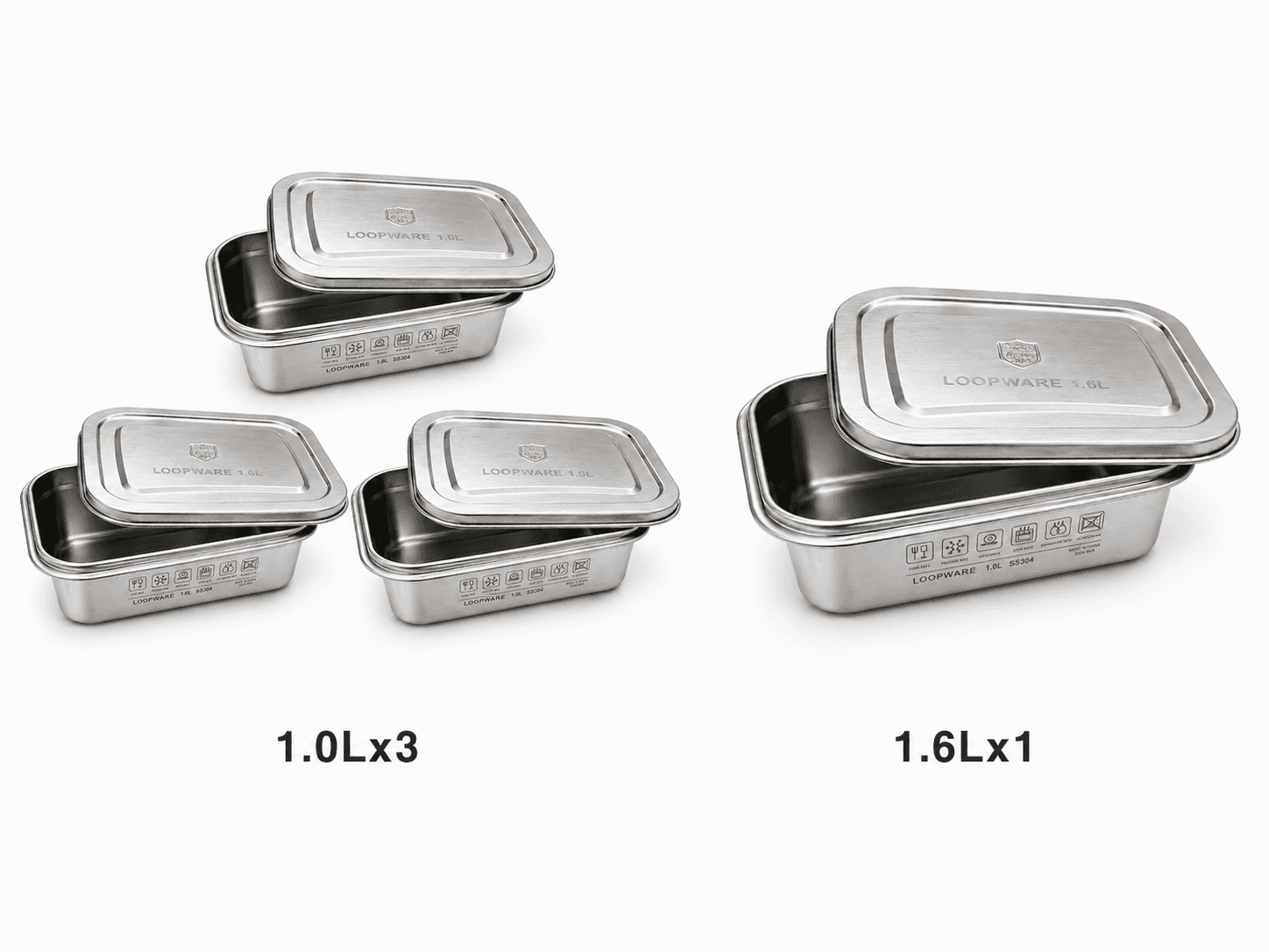 The Loopware Neat Solution Set - three 1.0L containers and one 1.6L container in all-304 stainless steel, marked 1.0L x3 and 1.6L x1.