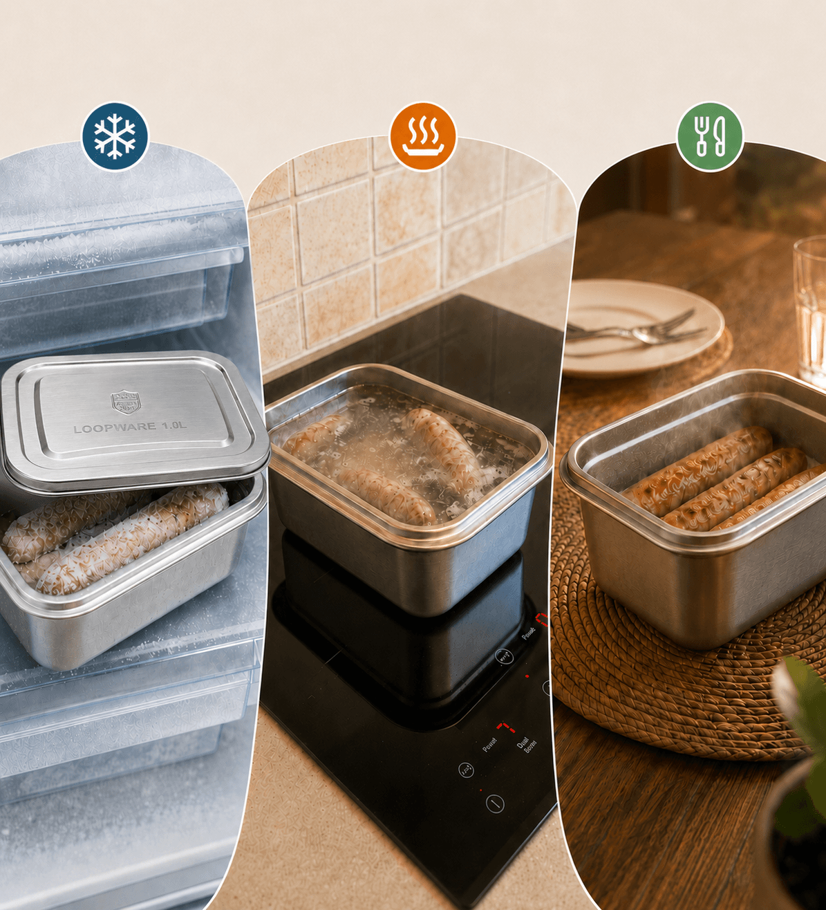 Three panels of the same Loopware stainless steel container: frozen in the freezer, boiling on the induction hob, and served steaming at the table.