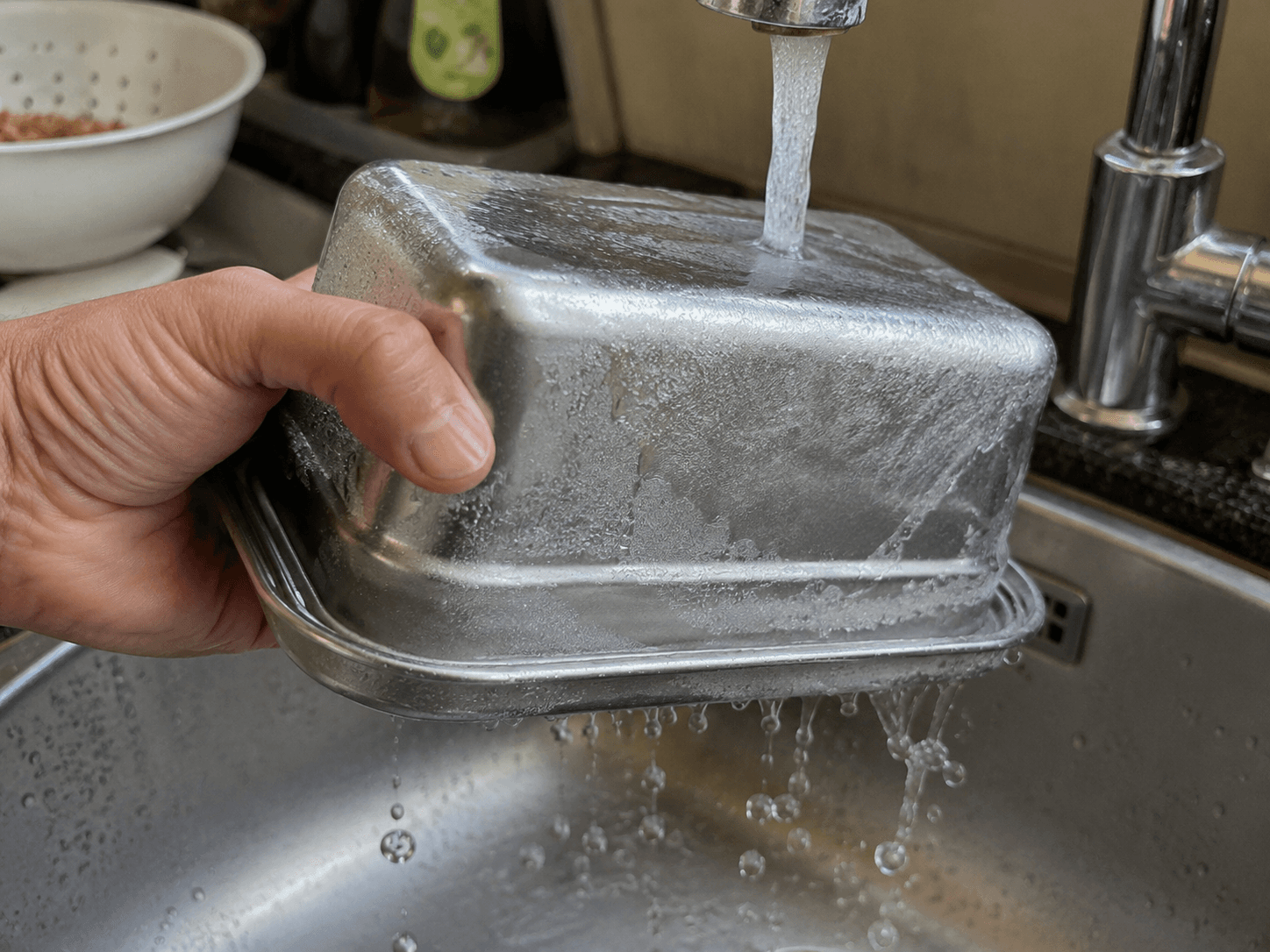 A hand holding a frozen Loopware stainless steel container under the running tap to release the frozen block.