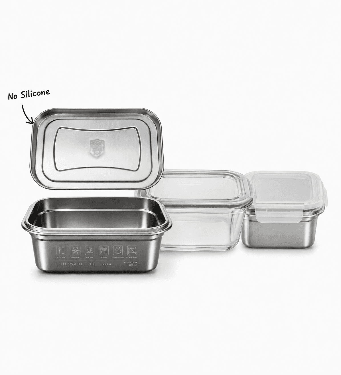 Three food containers compared: the Loopware all-steel container with its lid open and a 'No Silicone' callout, a glass container with a clear lid, and a stainless container with a plastic clip lid.