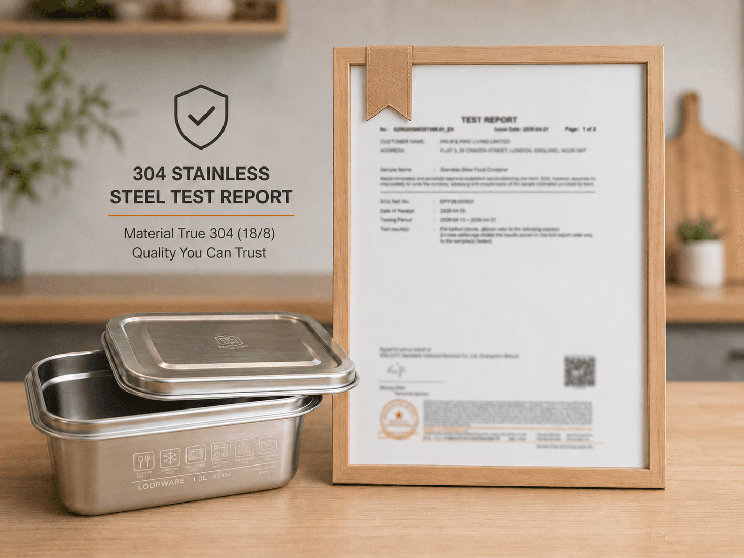 A framed independent 304 stainless material test report, standing beside the Loopware 1.0L container on a kitchen counter.
