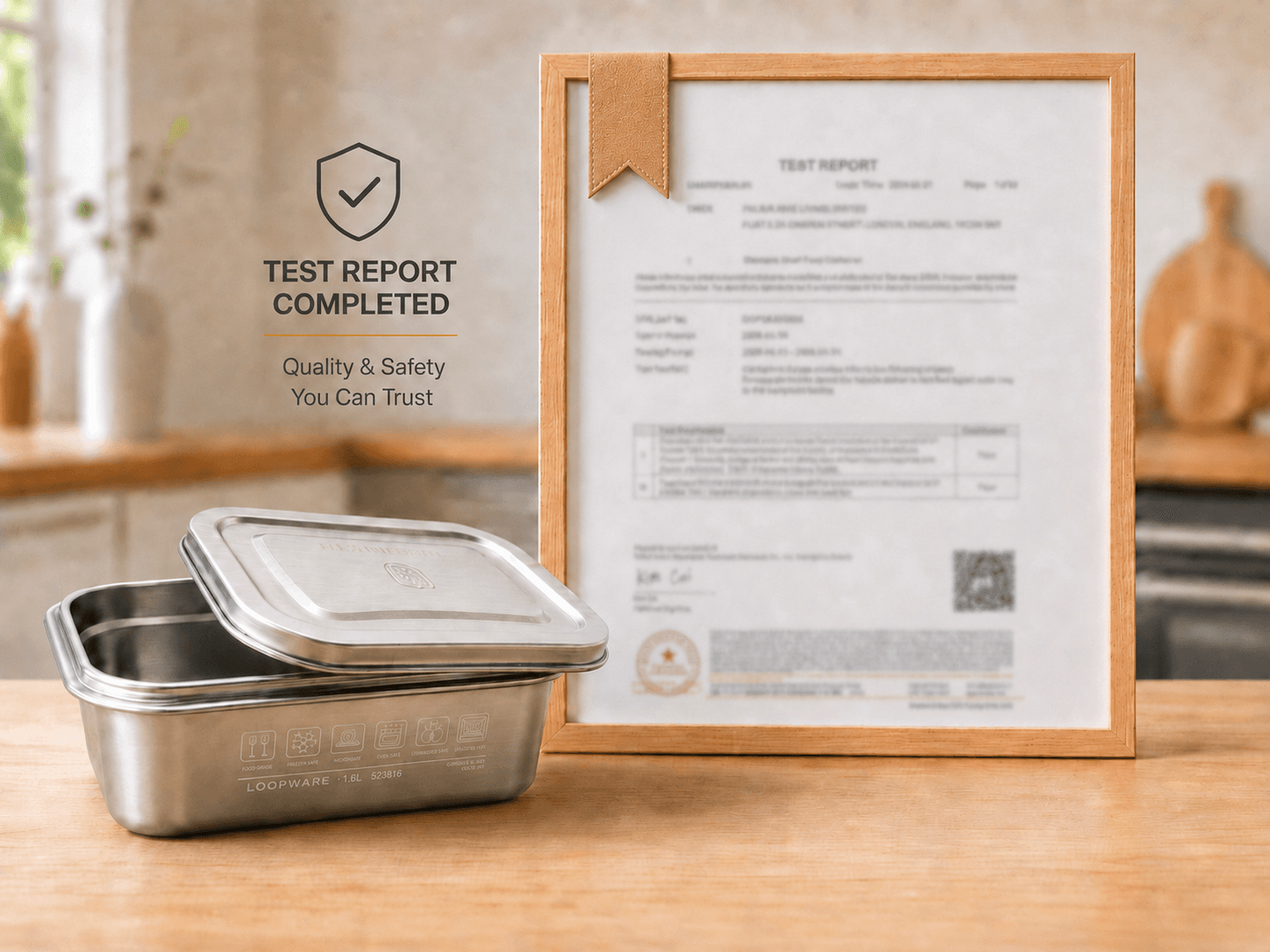 A framed independent lab test report for heavy-metal migration, standing beside the Loopware 1.6L container on a kitchen counter.