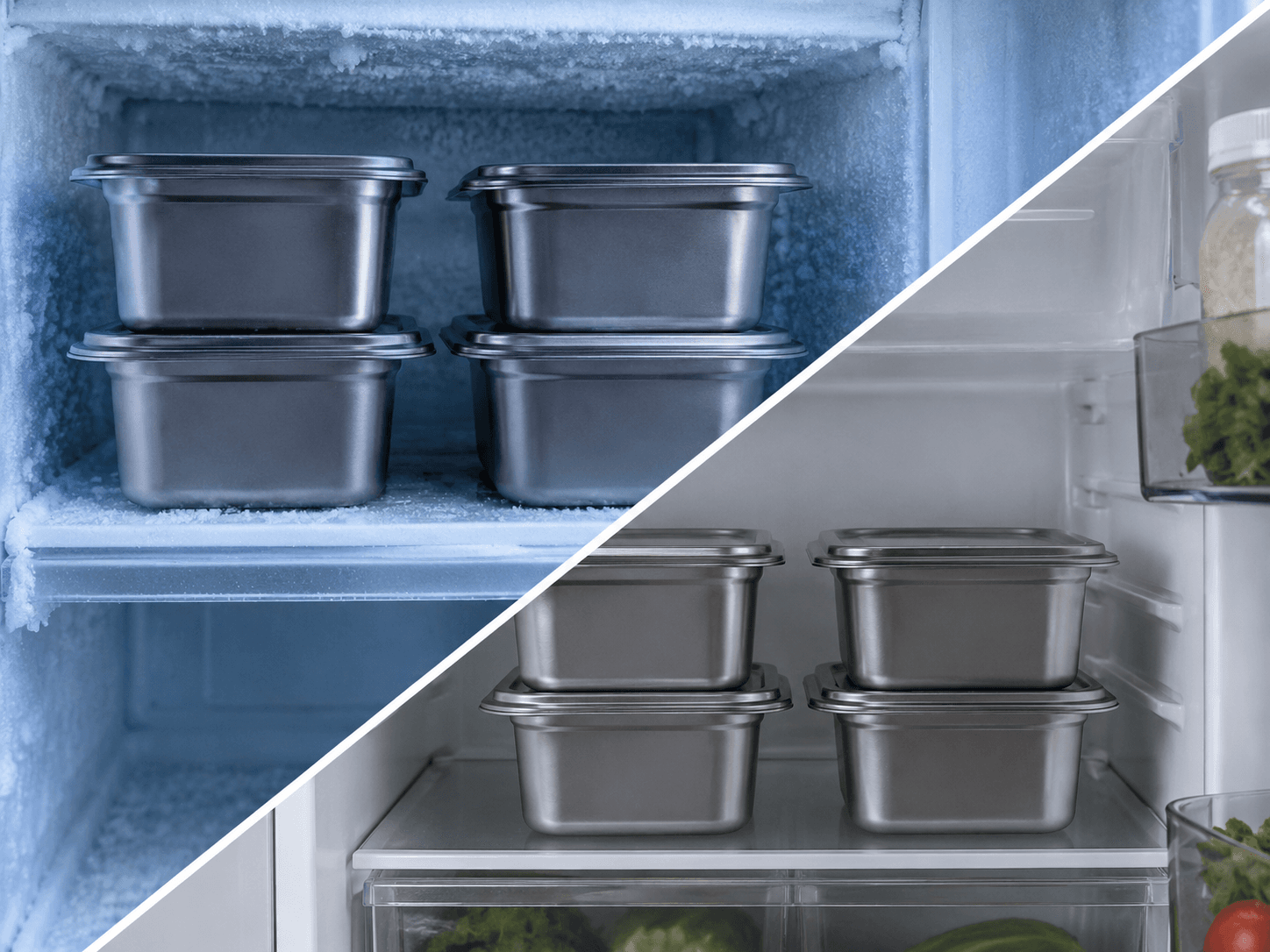 Loopware stainless steel containers stored in the freezer and the fridge.