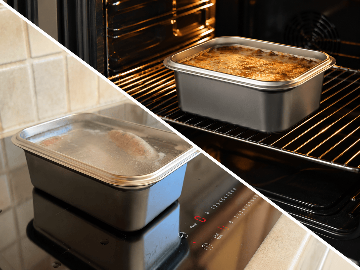 Loopware stainless steel container reheating on the hob and in the oven.
