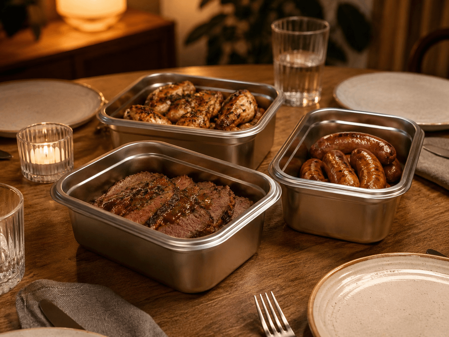 Loopware stainless steel containers of food served on the dinner table.