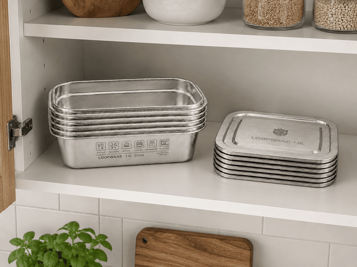 Nested Loopware 1.0L stainless steel containers and stacked lids tidy on a kitchen cupboard shelf.
