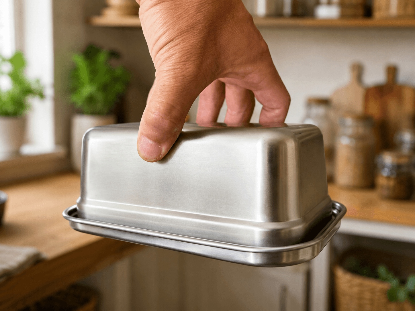 A hand lifting a Loopware container by its lid alone, showing how tightly the friction-fit lid grips.