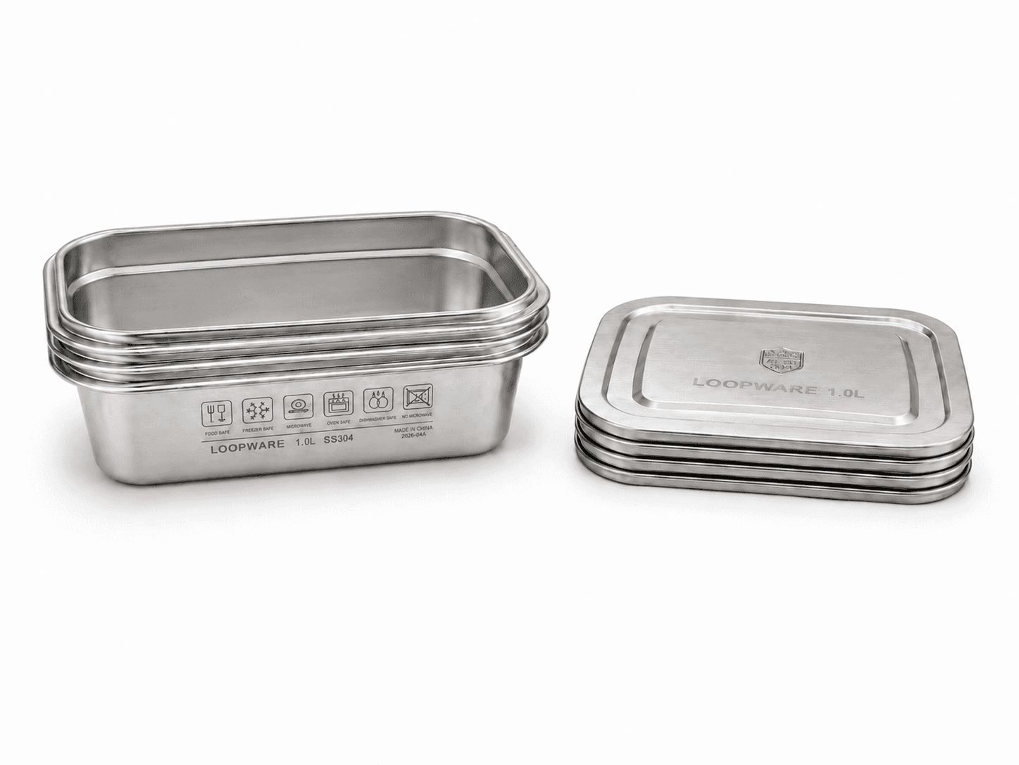 Three Loopware 1.0L stainless steel containers nested together with their lids stacked.