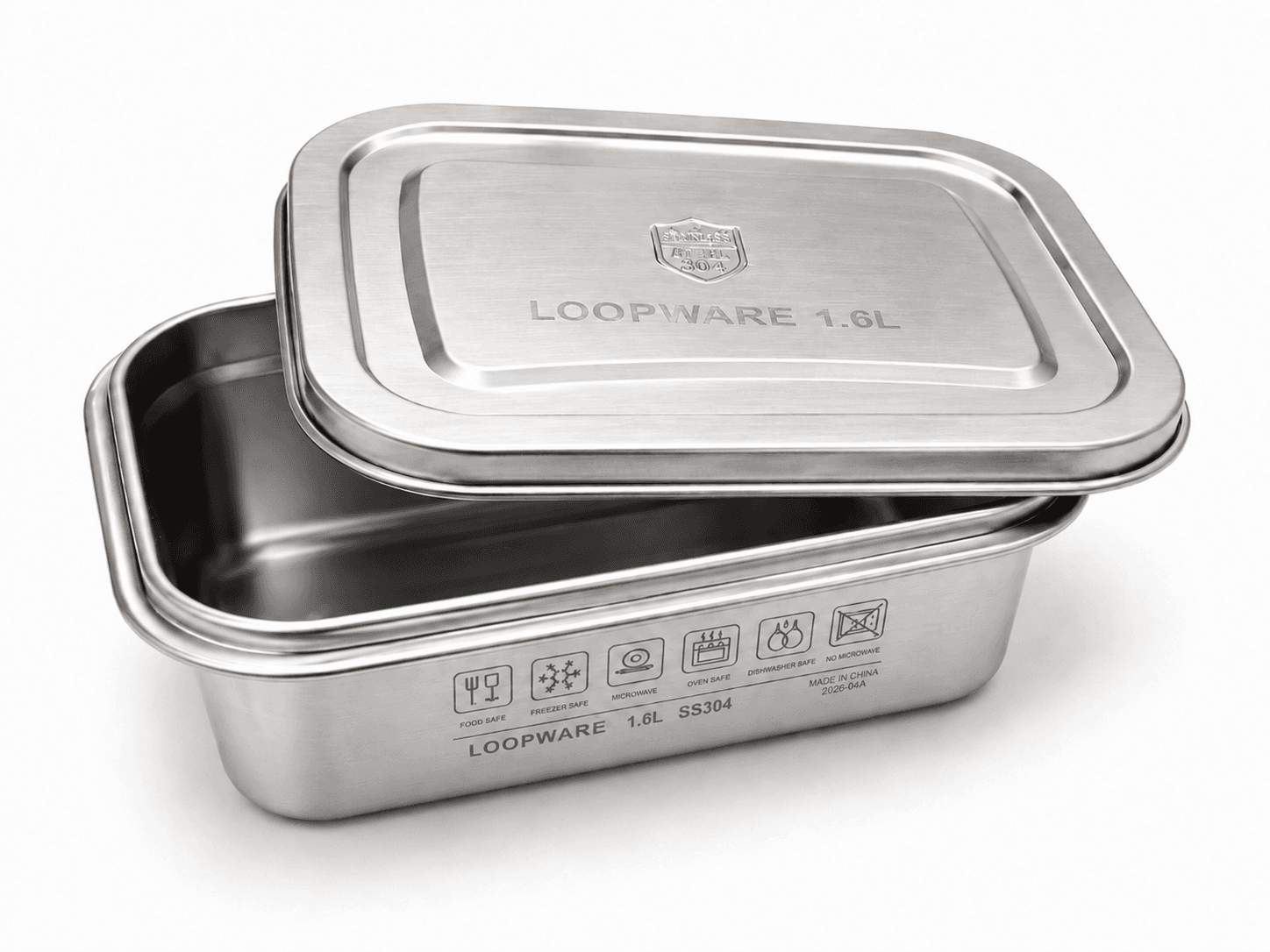 One Loopware 1.6L stainless steel container open with its all-steel lid.