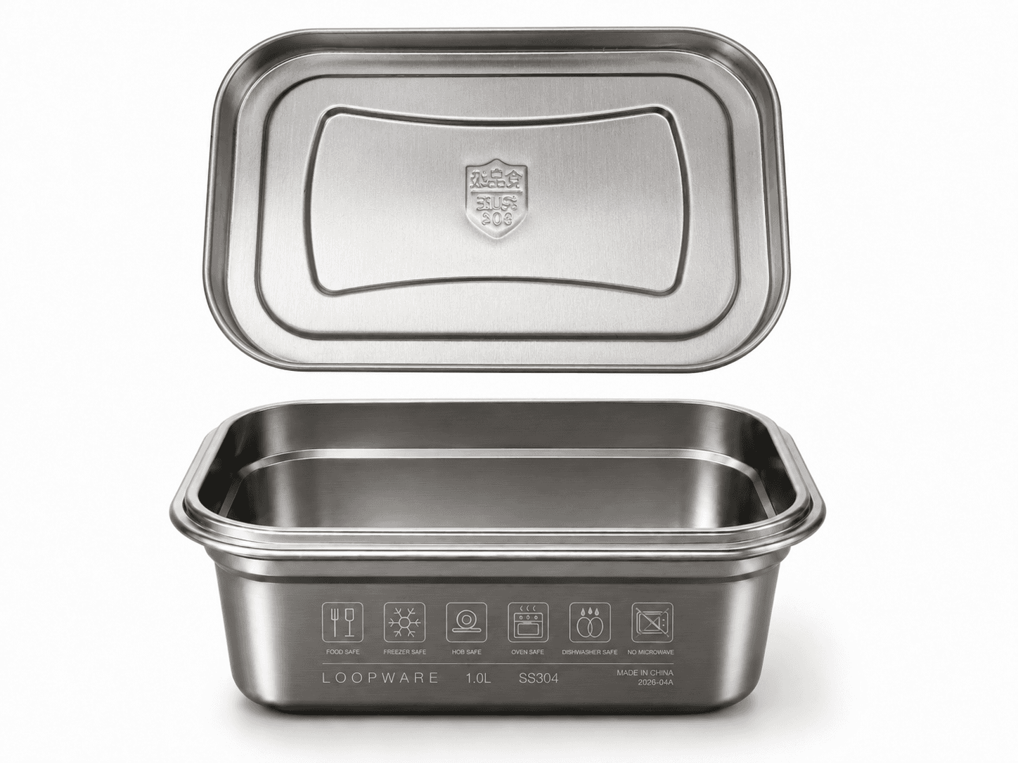 Loopware container open with its all-steel lid beside it, showing the steel sealing surface and no silicone gasket.