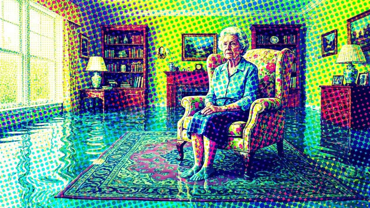 Contemporary Pointillism illustration showing Submerged domesticity and quiet burden for report The Progress Paradox