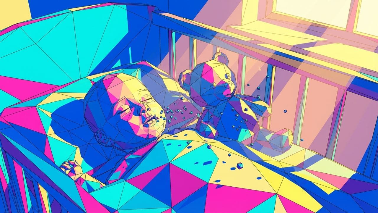 The Facet (Low Poly) illustration showing Baby and Microplastic and Blindspot and Softness for report Your Baby Is Inhalin...
