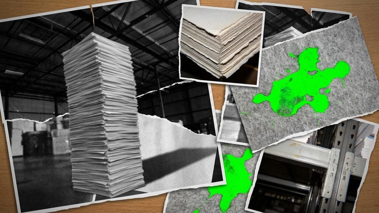 Geometric Grid Collage illustration showing Bureaucracy and Waste and claims for report When 'Recycling' Leaves the Cou...