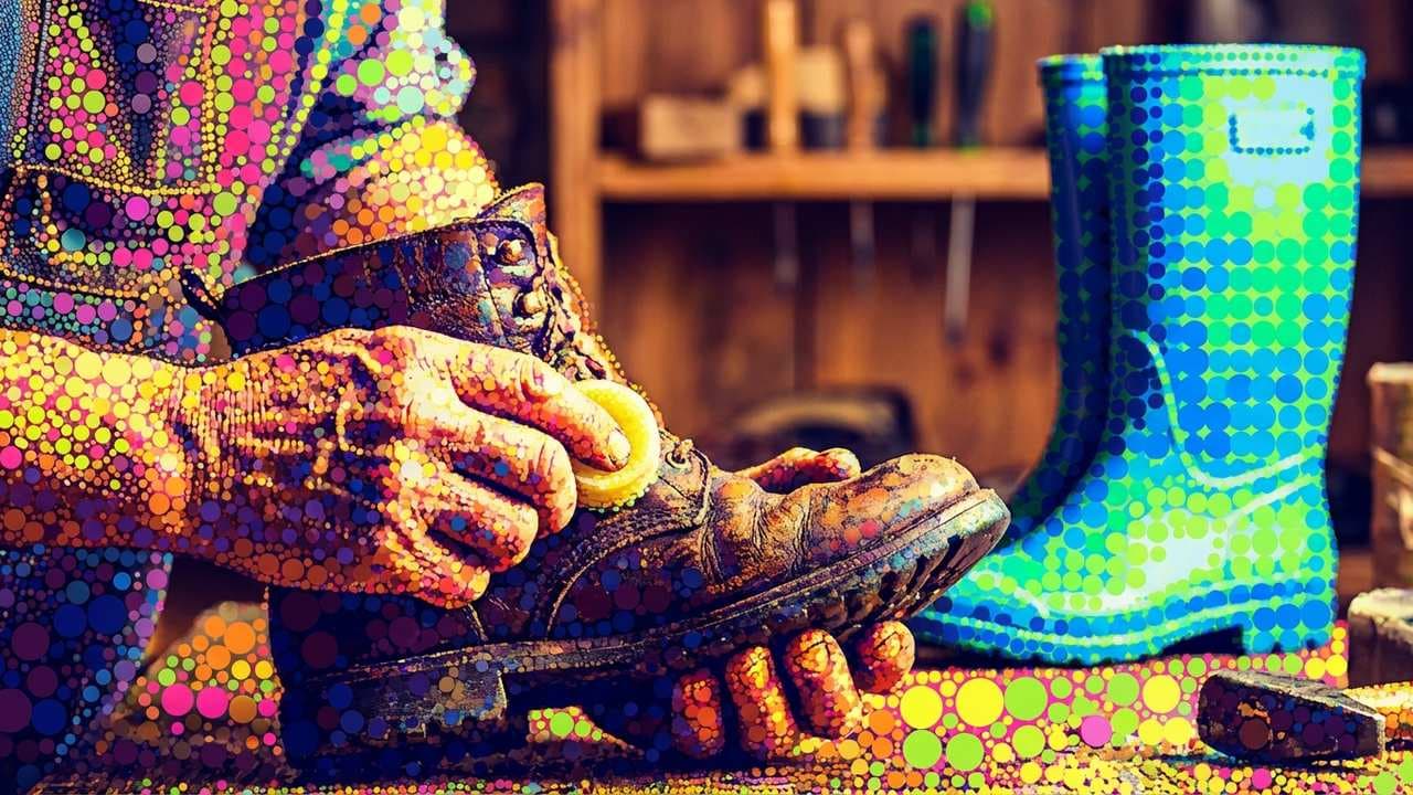Contemporary Pointillism illustration showing Boot care and forgotten practice and synthetic contrast for report Before Pl...
