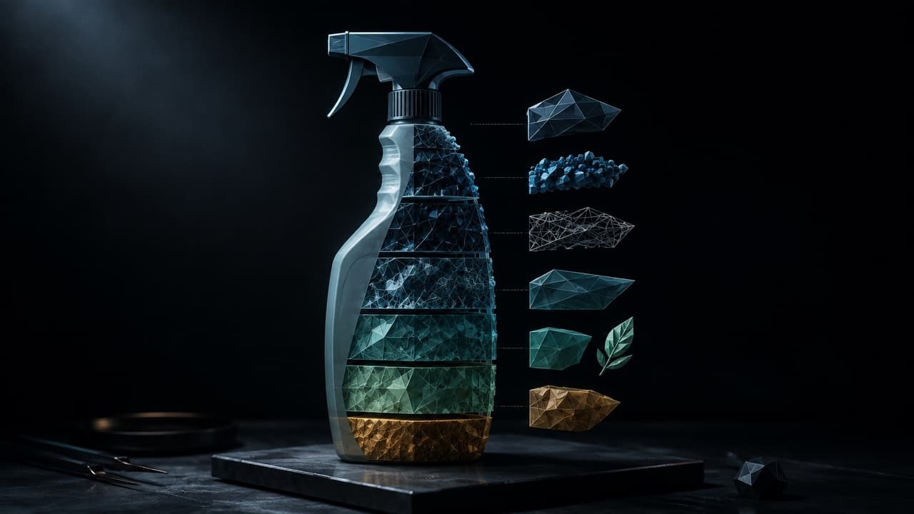 The Forensic Specimen (Low Poly) illustration showing plant-based cleaning bottle for report What “Plant-Based” Means on a...