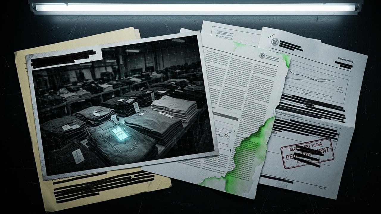 The editorial treatment Dossier (Grid Collage) illustration showing Digital surveillance and Greenwashing and stacked clai...