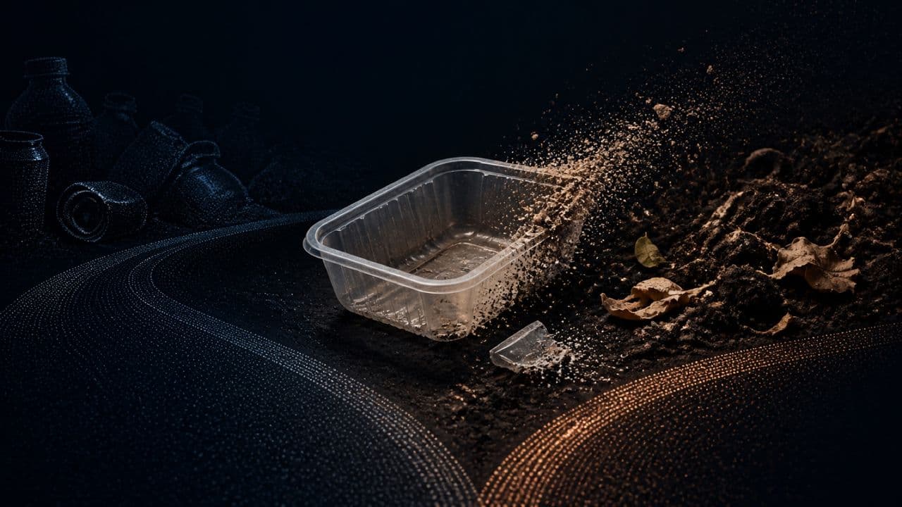 The Dissolution (Pointillism) illustration showing plastic for report Where Compostable Plastic Can Break Down