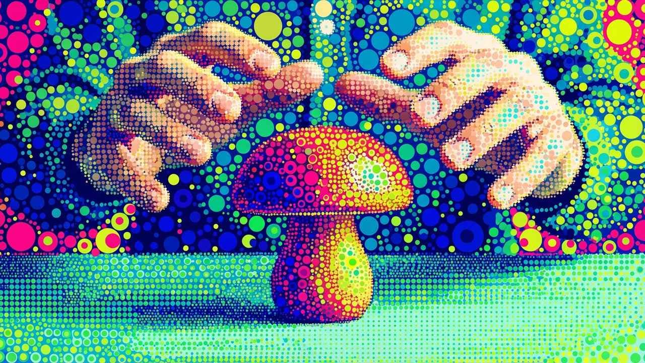 Contemporary Pointillism illustration showing Darning mushroom and lost skill for report Make Do and Mend