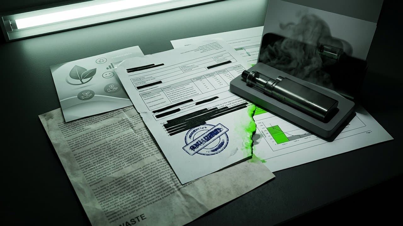 Grid collage illustration of a vape device and redacted regulatory documents for the report The Waste Word