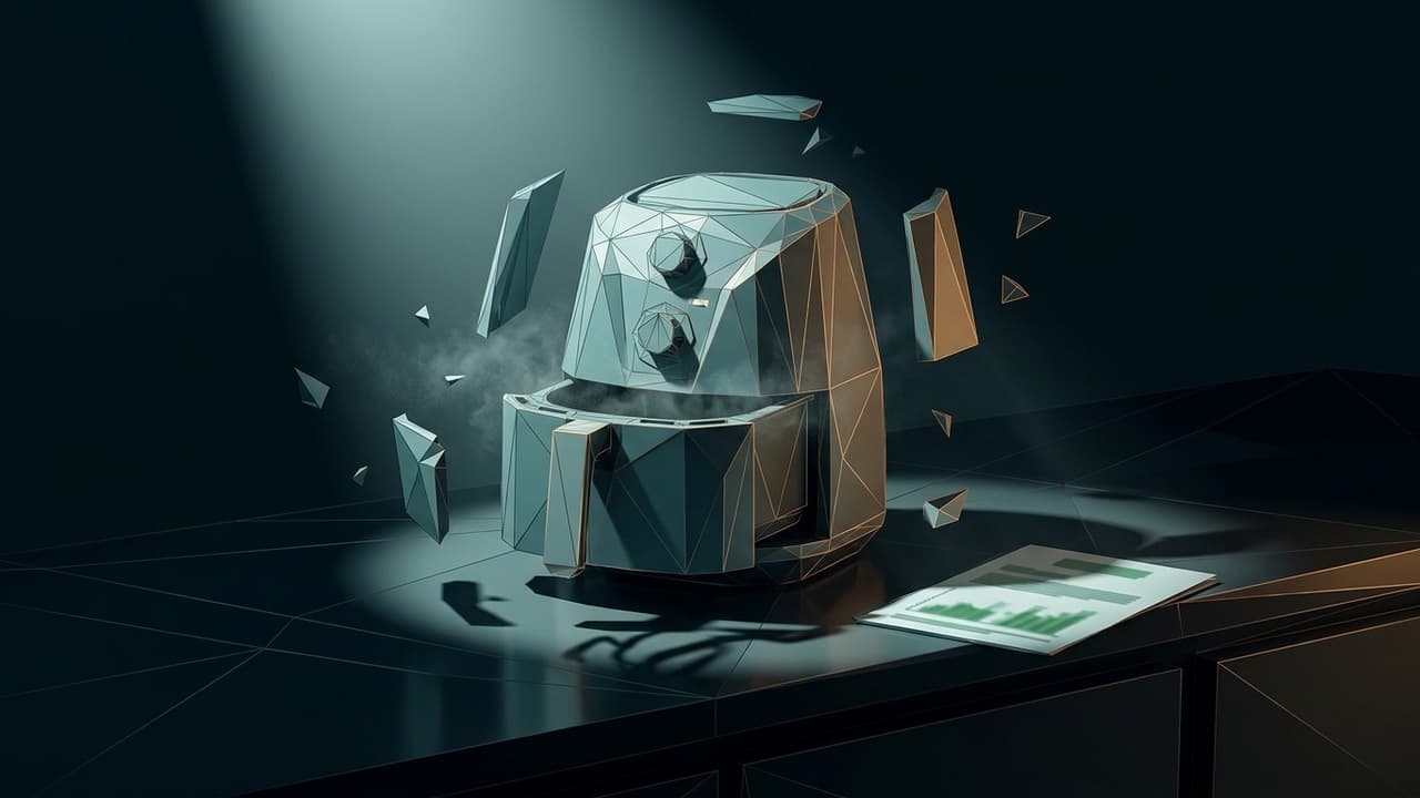 The Forensic Specimen (Low Poly) illustration showing Air fryer and stacked data and unseen particles for report The Steak...