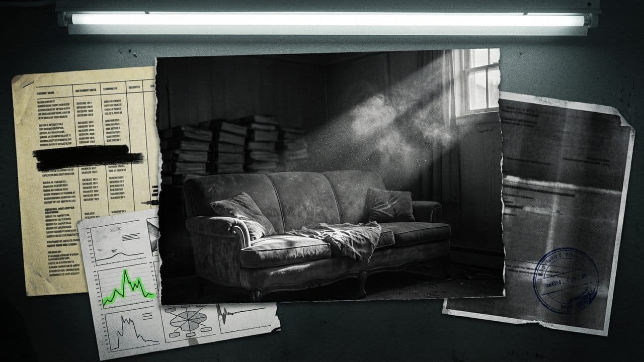 The Redacted Dossier (Grid Collage) illustration showing Sofa and Documents and Particulates for report The Unregulated Room