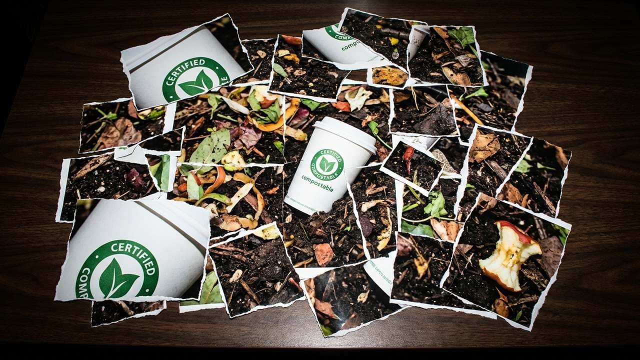 Geometric Grid Collage illustration showing Misleading compostables and broken promise and waste deception for report What...