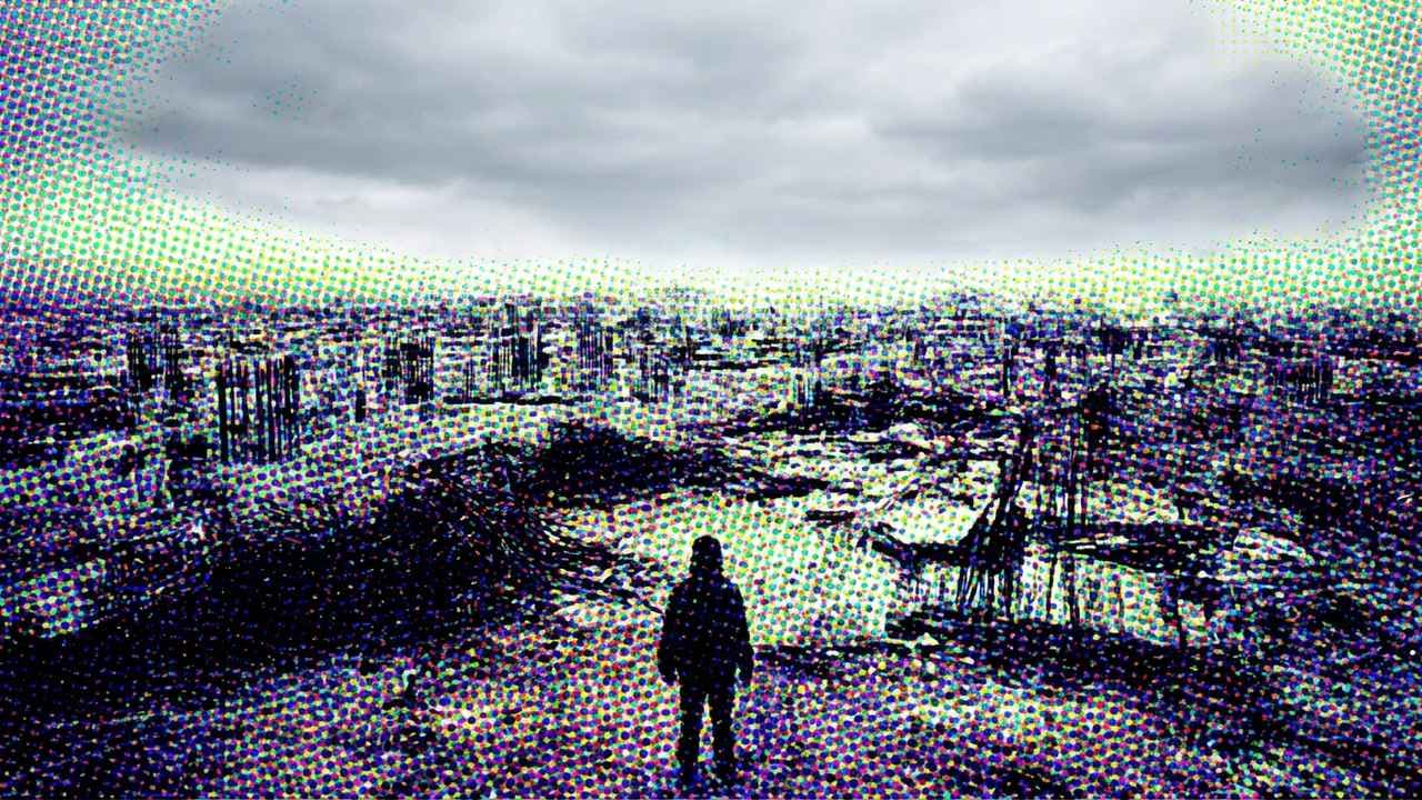 Contemporary Pointillism illustration showing Skeletal Architecture and Empty Horizon for report Enough