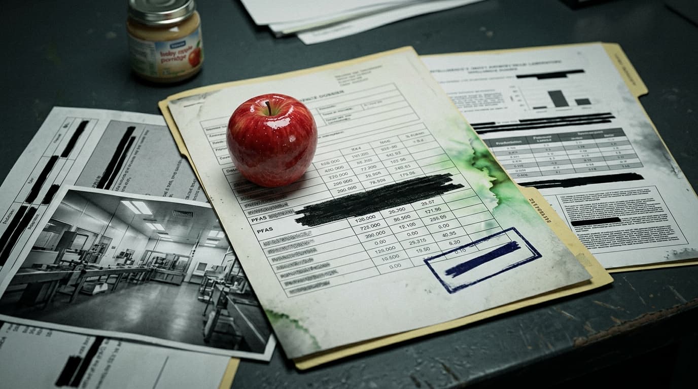 The Redacted Dossier (Grid Collage) illustration showing an apple resting on monitoring documents for the report The Jar of Baby Porridge