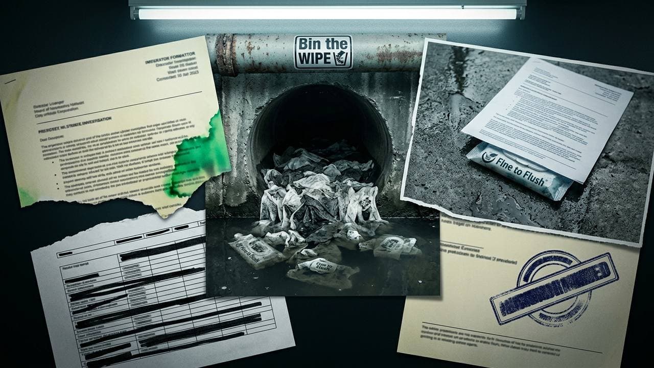 The editorial collage illustration showing Drain and Wipes and unseen Mark for report Plastic-Free Wipes Still Block the D...
