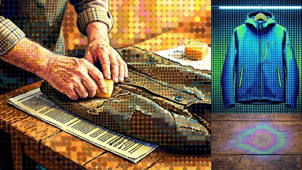 Contemporary Pointillism illustration showing Knowledge and convenience and hands and jackets for report The Maintenance B...