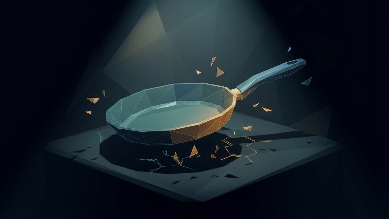 The Forensic Specimen (Low Poly) illustration showing Nonstick pan and peeling label for report The Safe Substitute