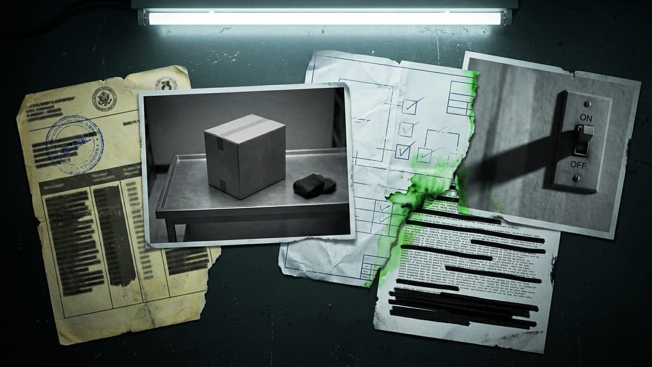 The Redacted Dossier (Grid Collage) illustration showing Untested parcel and Regulatory void for report The Untested Parcel