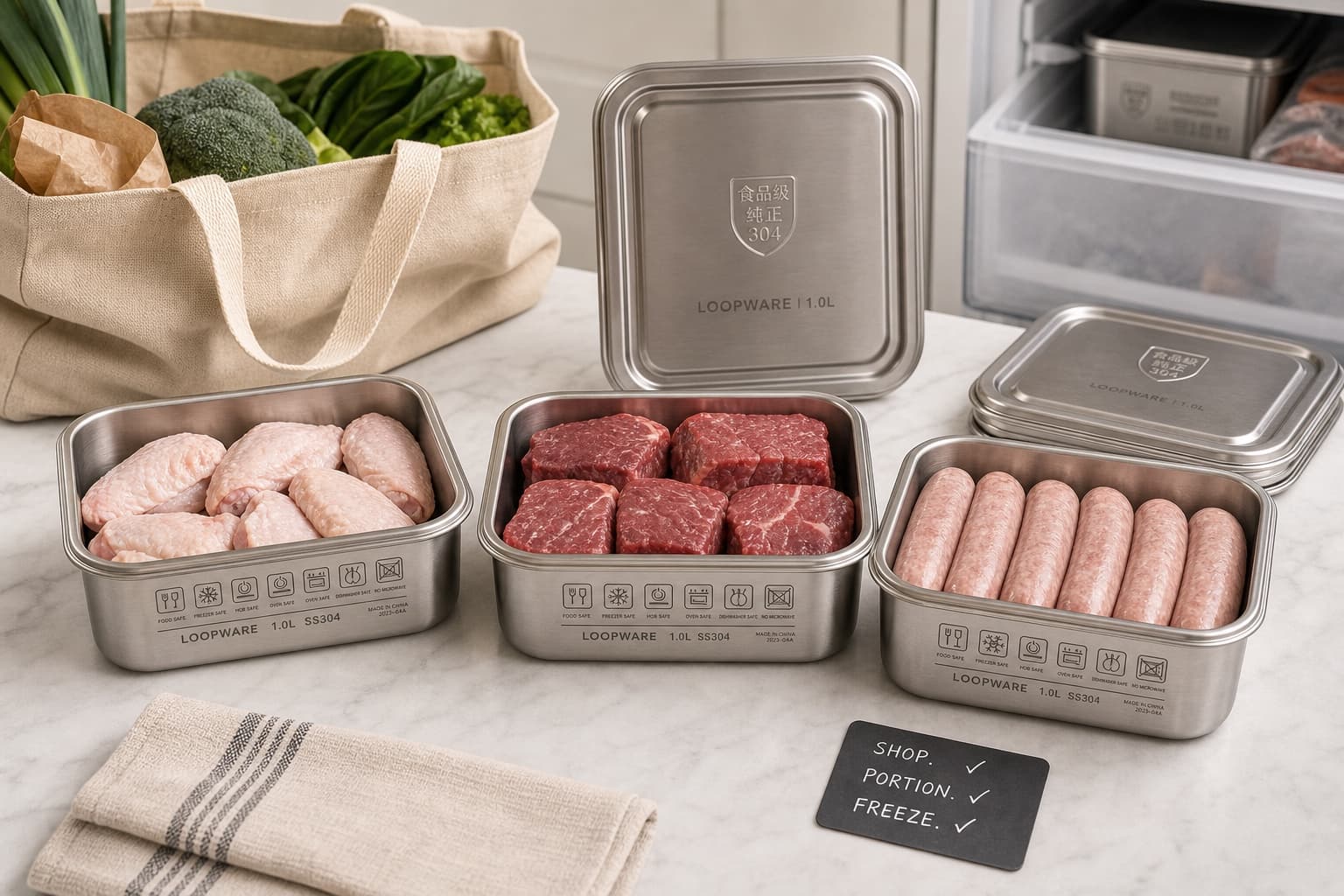 Loopware containers used to portion batch food before freezing