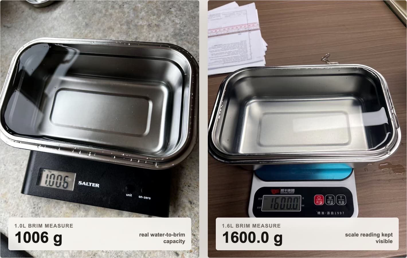 Loopware capacity proof showing 1006 g and 1600.0 g brim measurements