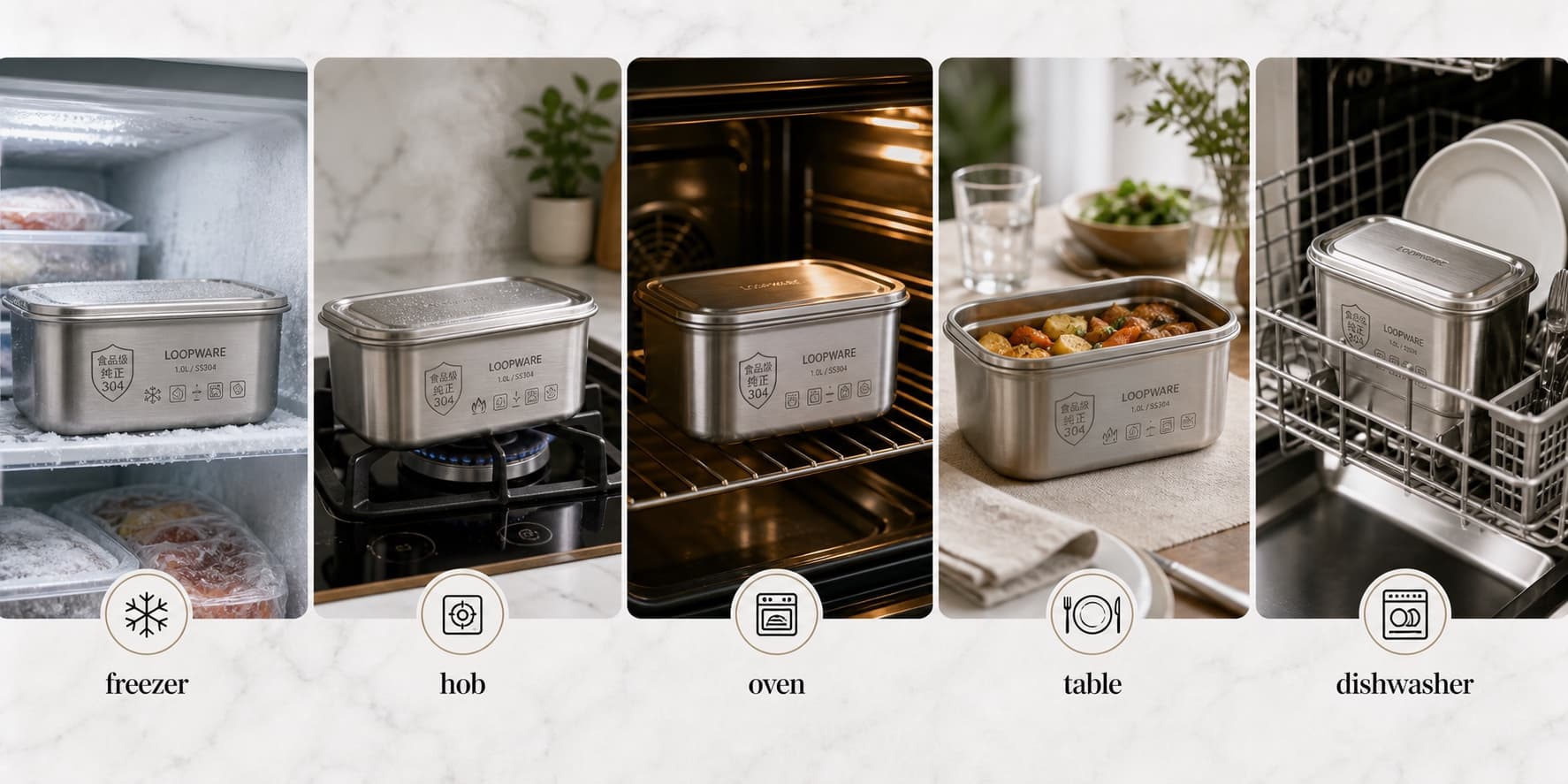 Loopware feature strip showing freezer, hob, oven, table and dishwasher use