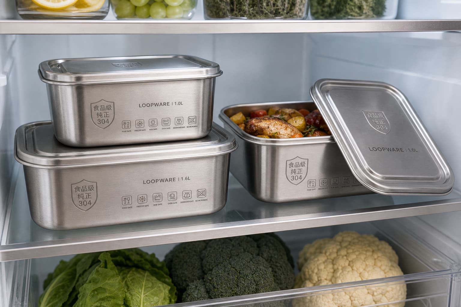Loopware containers storing leftovers in a fridge