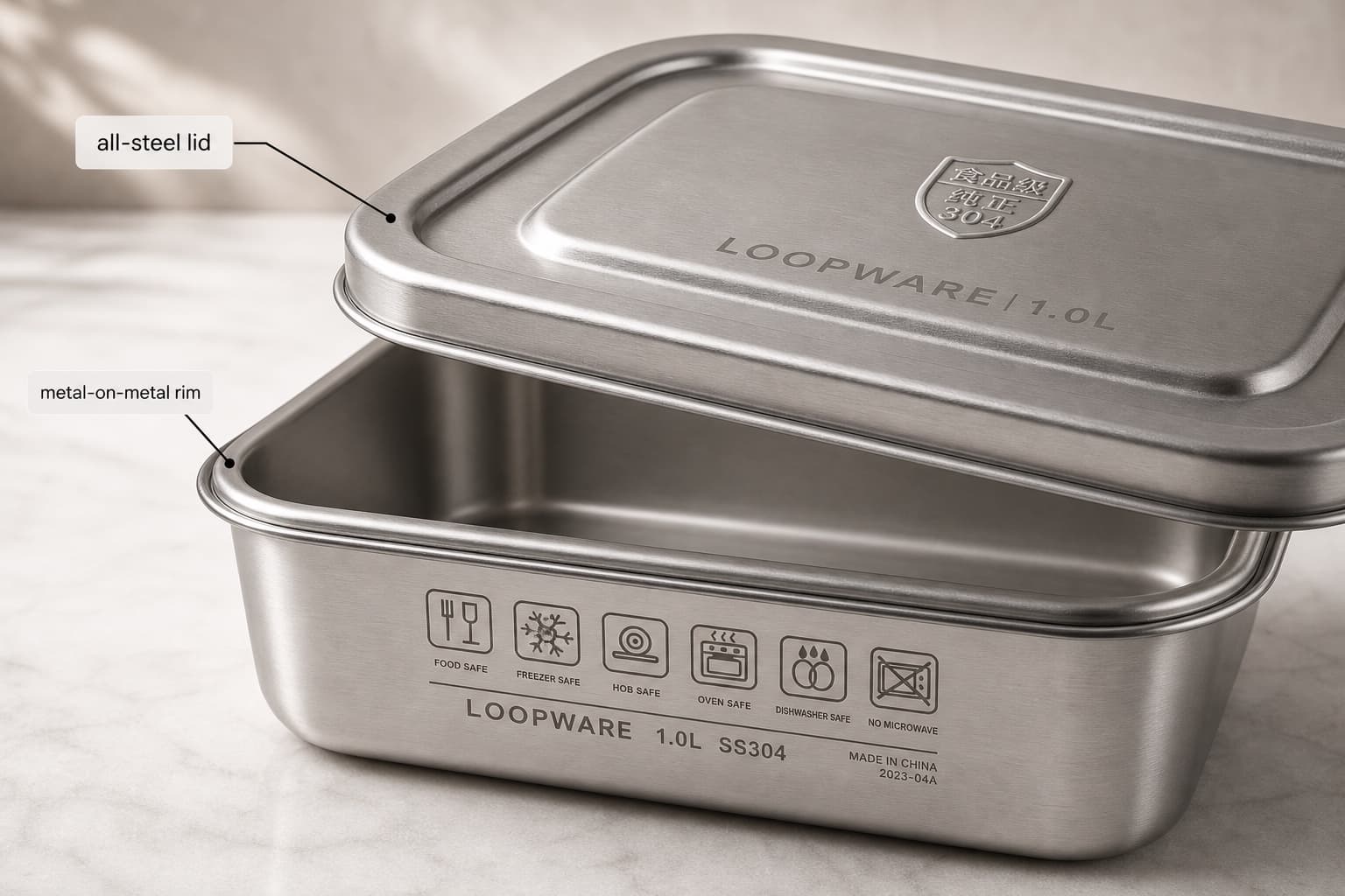 Annotated Loopware all-steel lid and metal-on-metal rim callout